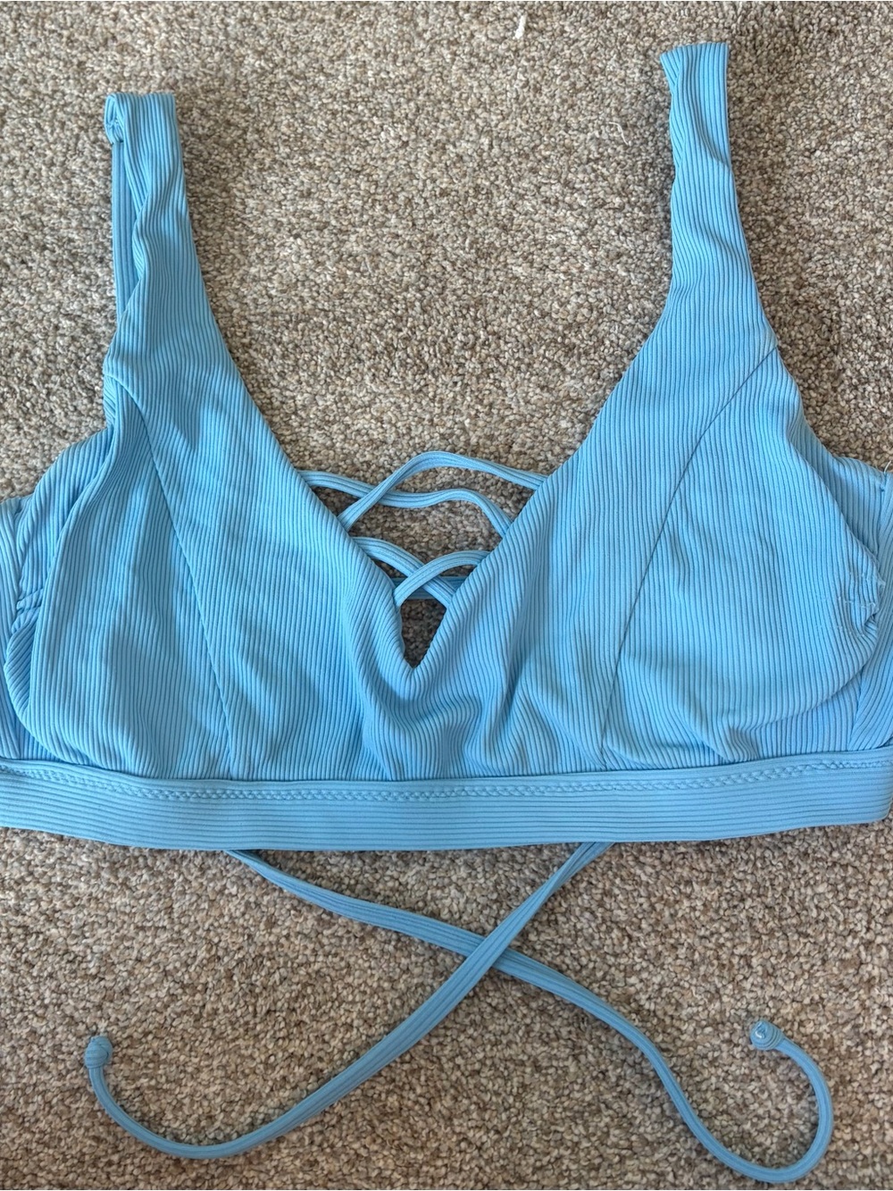 BECCA Light Blue Ribbed Bikini Top with Crisscross Back Straps